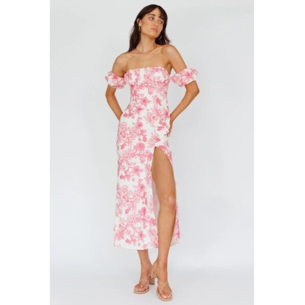 Here Comes The Sun Olivier Off-Shoulder Midi Dress Floral Pink S Cottagecore